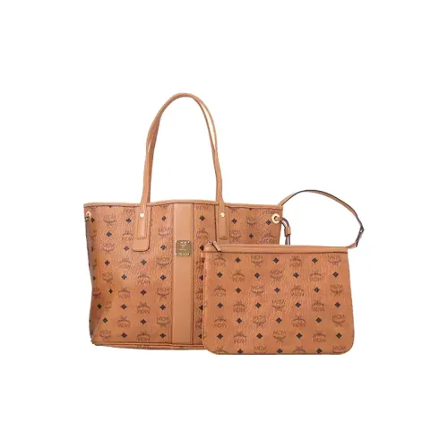 MCM Холст с кожей Комбинированный Тоут Сумка для покупок Портативная Сумка через плечо Сумка через плечо Средний Женская Коньяк