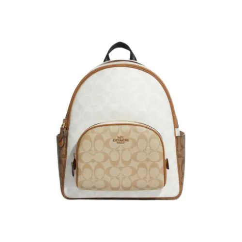 COACH Корт Холст с кожей и галечная кожа Рюкзак Большой Женский Белый Хаки Коричневый