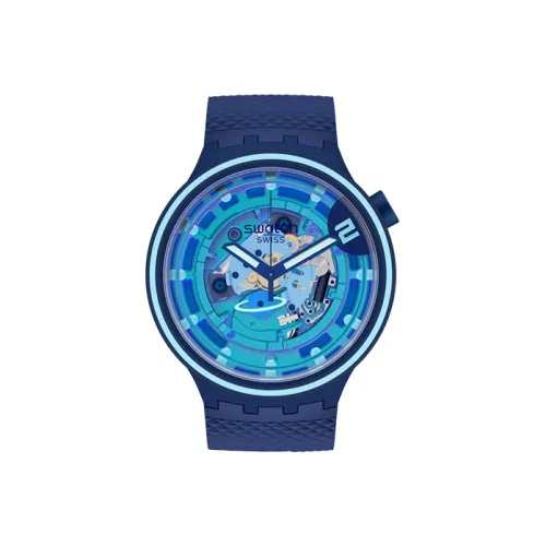 SWATCH Star Collection Кварцевый механизм Унисекс Часы 47 мм Синий циферблат Пластиковый корпус Часы Силиконовый ремешок SB01N101