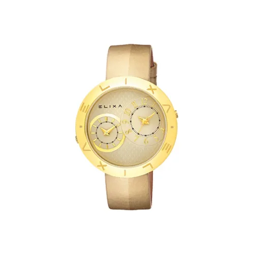 Elixa Кварцевый механизм Женские часы 41 мм Золотой циферблат Нержавеющая сталь Корпус Кожаный ремешок E123 L505