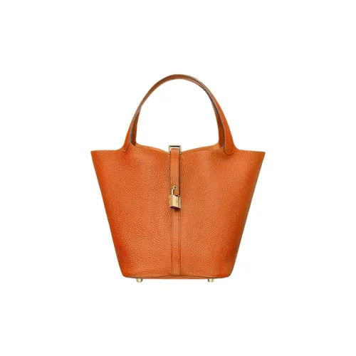 HERMES Picotin Lock Корова Кожа Корзина Сумка Ведрообразная Сумка Женская Пламенно-Оранжевая