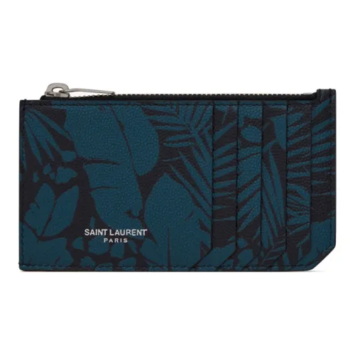SAINT LAURENT Кожа Держатель для карт Мужской Черный Павлин Синий
