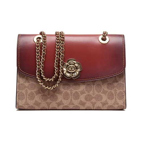 COACH Паркер Покрытый холст с телячьей кожей Сумка через плечо Женская Коричнево-желтая