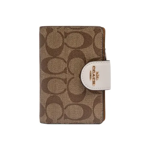 COACH Corner Zip Холст с кожей Маленькая сумочка на запястье Клатч Средний Женская Белая и Хаки с монограммой