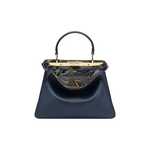 FENDI Peekaboo ISeeU Коровья кожа Аккордеонная сумка Сумка через плечо Сумка среднего размера Женская Темно-синяя