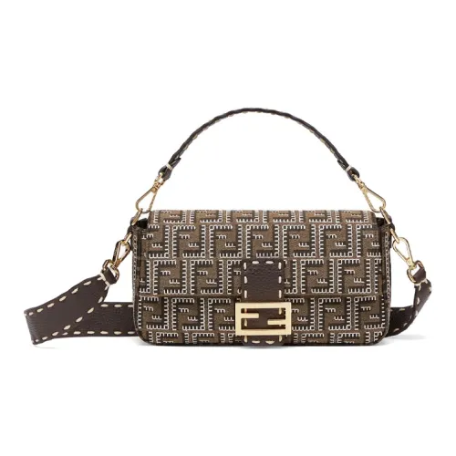 FENDI Baguette Жаккард Холст с кожей Багетная сумка Портативные сумки через плечо Сумка через плечо Женская Коричневая