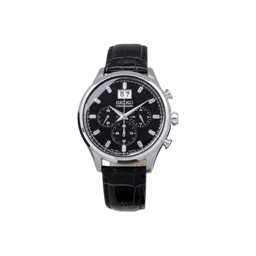 SEIKO Кварцевый механизм кожаный ремешок мужские часы черный циферблат модель SPC083P2