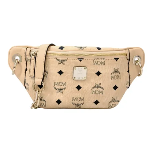 MCM Essential Visetos Origina Кожа Бананка Сумка через плечо Мини Женская Бежевая