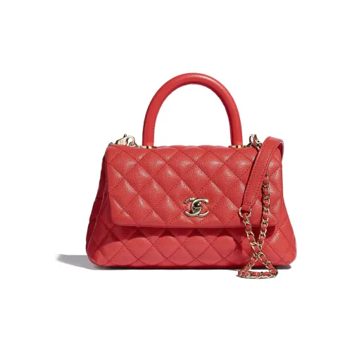 CHANEL Coco Handle Тисненая Телячья Кожа и Металлическая Цепочка Одно Плечо Сумка Женская Красная