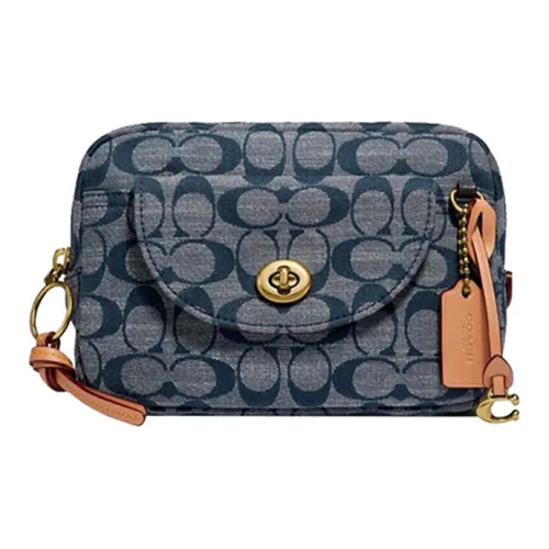 COACH Cargo Хлопок Холщовая Сумка Camera Сумка Бананка Маленькая Женская Джинсовая Синяя Монограмма