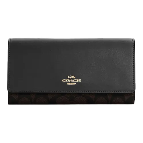 COACH Trifold Wallet Покрытие Холст Кожа Карточный держатель Кошелек Женский Черный