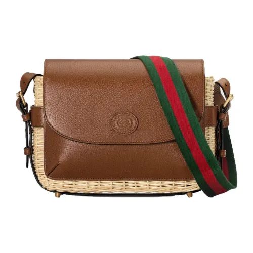GUCCI Wicker Patchwork Leather Messenger Bag Shoulder Bag Small Unisex Brown Beige GUCCI Сумка через плечо из плетеной ивы кожа маленькая унисекс коричневый и бежевый