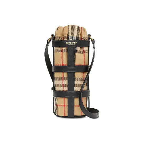 Burberry Винтаж Хлопок Телячья кожа Водяной Чехол для бутылки Сумка через плечо Женская Светло-коричневая Черная