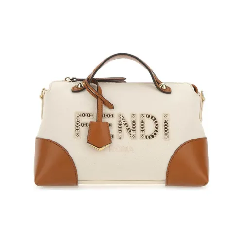 FENDI Телячья кожа с хлопком Бостонская сумка Сумка через плечо Сумка среднего размера Женская Бежевая Коричневая