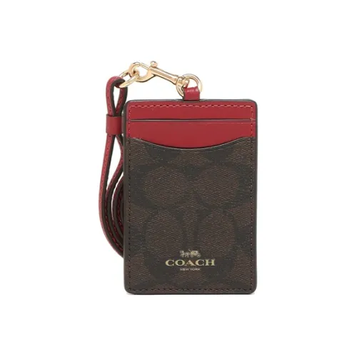 COACH Lanyard Холст и кожа Документа Картхолдер Женский Темно-коричневый и Бургунди