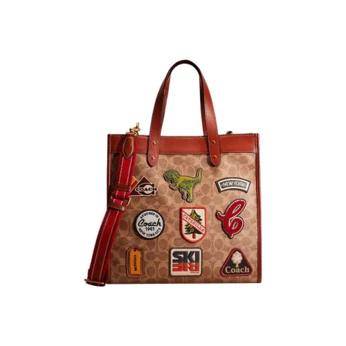 COACH Field Холщовая кожа Тоут Сумка Сумка для покупок Сумка через плечо Сумка Большая Женская Хаки и Коричневый