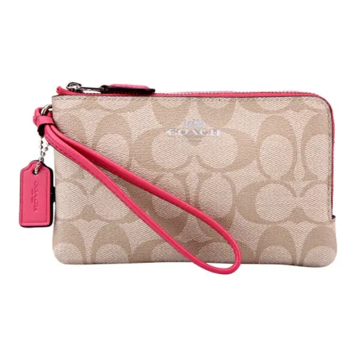 COACH Corner Zip Холст и Кожа Клатч Запястье Сумка Монета Кошелек Маленькая Сумка Женская Розовая и Хаки с Монограммой