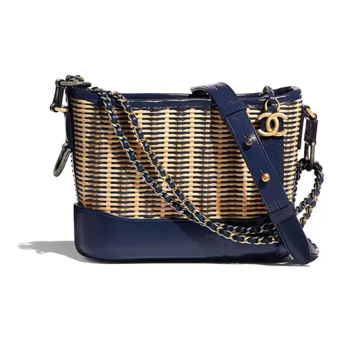 CHANEL Бамбук Ткани вязаные с коровья кожа Сумка через плечо Ручной Рюкзак Маленький Женские Бежевый Морской синий