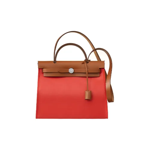 HERMES Herbag Zip Воловья кожа Пэчворк Холст Сумка через плечо Сумка через плечо Женская Оранжевый Красный Коричневый