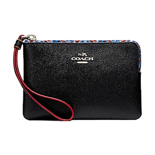 COACH Corner Zip Крестообразная текстура Кожа Запястье Сумка Мелочь Кошелек Клатч Маленький Женский Черный