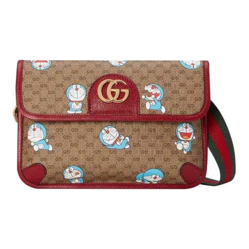 GUCCI Doraemon Collaboration Холст с кожей Слинг-сумка Сумка на пояс Унисекс Бежевый Эбеновый Вишнево-красный