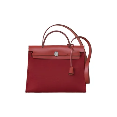 HERMES Herbag Zip Воловья кожа Пэчворк Холст Сумка через плечо Сумка Женская Темно-красная