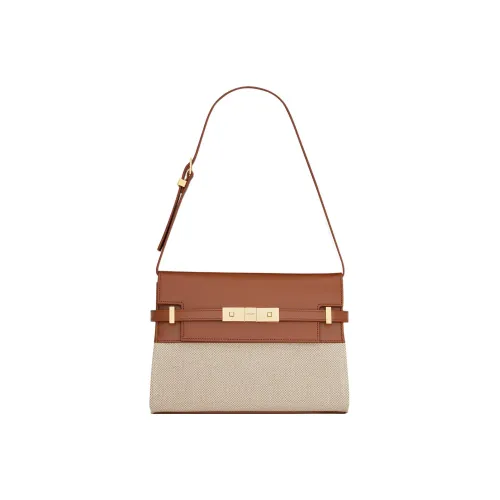 SAINT LAURENT Manhattan Кожа Панельная Холст Сумка через плечо Женская Бежевая и Коричневая