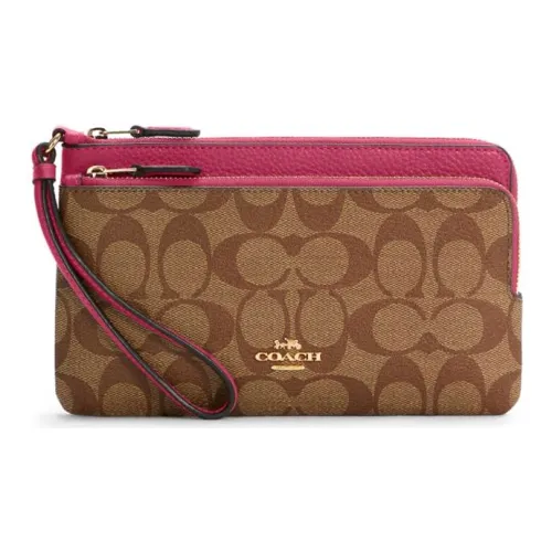 COACH Double Zip Wallet Canvas Leather Wallet Medium Women's Pink Brown Multicolor