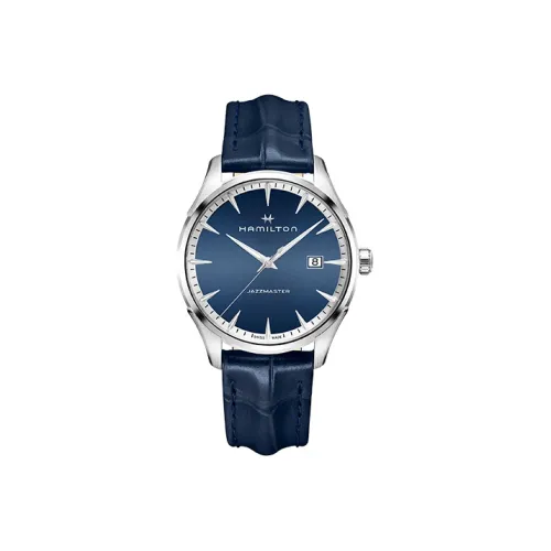 HAMILTON Jazz Series Кварцевый механизм Мужские часы Часы 40 мм Синий циферблат Корпус из нержавеющей стали Ремешок из коровьей кожи