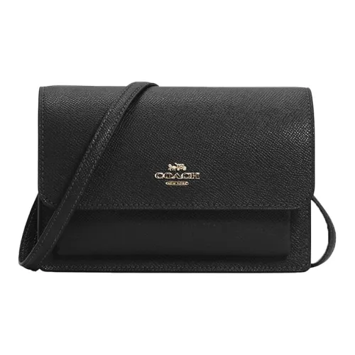 COACH Foldover Крестообразная текстура Кожа Сумка через плечо Бананка Маленький Женские Черный