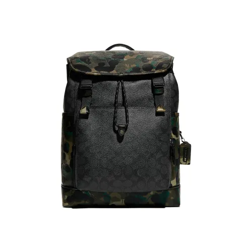 COACH Покрытый холст мягкая кожа большой рюкзак мужской черный монограмма и камуфляж