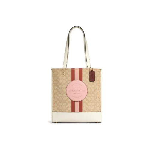 COACH Dempsey Ткань с коровьей кожей Тоут Сумка Сумка для покупок Сумка на плечо Сумка Большая Женская Хаки и Нежно-розовая