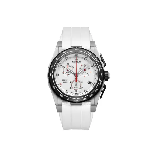 MARVIN Кварцевый механизм Мужские часы Часы 44 мм Белый циферблат Корпус из нержавеющей стали Резиновый ремешок M023,15.24,92