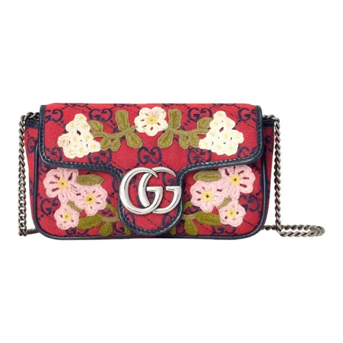 GUCCI Marmont Многоцветный Кожаная отделка Вышитый Холст Цепочка Сумка через плечо Мини Женская Красный Темно-синий