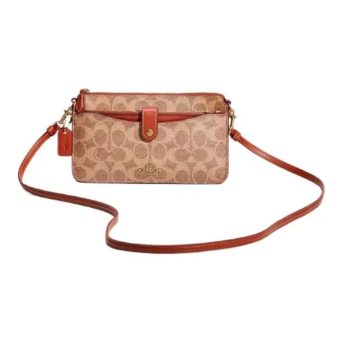 COACH NOA POP Up Покрытый холст с кожаными вставками Ручная сумка через плечо Маленькая Женская Коричневый Оранжевый Красный