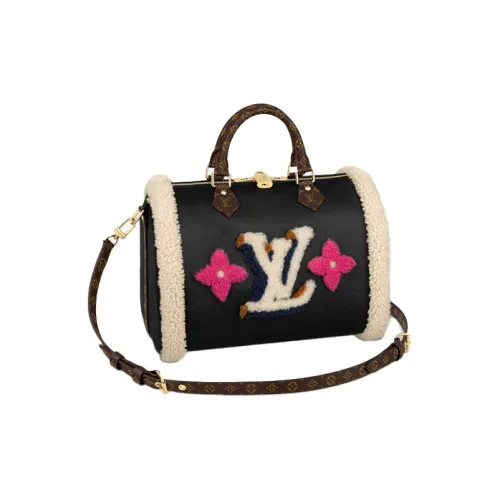 LOUIS VUITTON Speedy Шерсть с GRAIN LEATHER Подушка Сумка Сумка через плечо Сумка Обычная Женская Черная