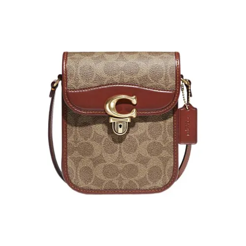 COACH Studio Покрытый холст Телячья кожа Сумка через плечо Мини Женская Хаки Коричневый Красный