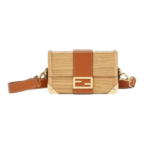 FENDI BaguetteTrunk Естественный Oak Телячья кожа Коробка Сумка Baguette Сумка Сумка через плечо Мини Мужская Бежевая Коричневая
