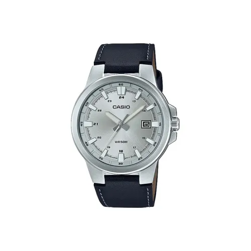CASIO Standard Series Кварцевый механизм Естественная кожа Ремешок Часы Мужские Циферблат Серебристый MTP E173L 7AVDF