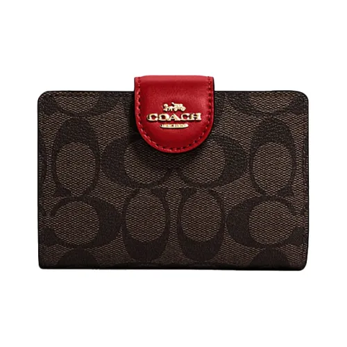 COACH Corner Zip Холст с кожей Corner Zip Закрытие Запястье Сумка Клатч Маленькая сумочка Кошелек Средний Женские Красный Темно-кофейный
