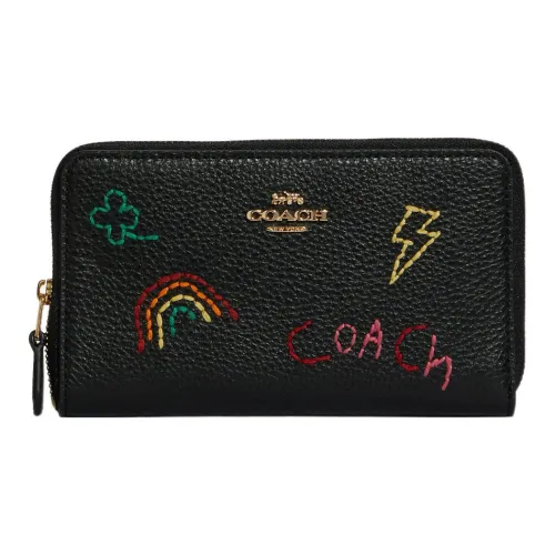 COACH Diary Вышивка Коллаборация Галечная кожа Держатель для карт кошелек Женские Черный