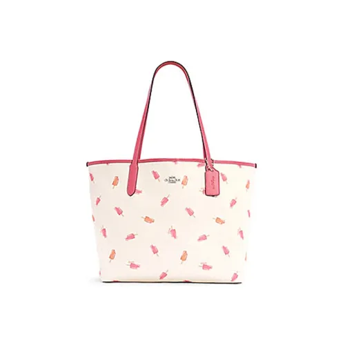 COACH City Canvas с кожаными вставками Тоут Сумка Сумка для покупок Сумка Сумка через плечо Женская Белая и Вишневый цветок Розовый