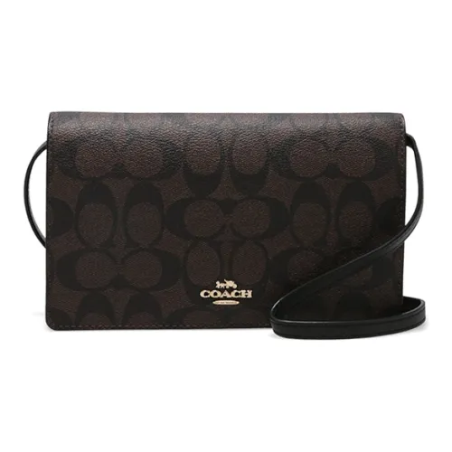 COACH Foldover Холст и Кожа Маленькая Квадратная Сумка Сумка через плечо Сумка на плечо Женская Темно-Коричневая