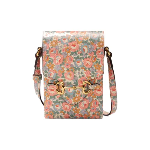 GUCCI LIBERTY Коллаборация Чехол для телефона из кожи Сумка через плечо Мини Женский Светло-розовый Многоцветный