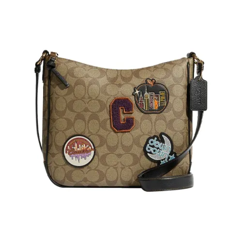 COACH Ellie Покрытие Холст с Кожей Пескоструйная Сумка через плечо Средняя Женская Хаки