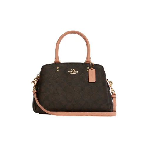 COACH Lillie Холщовая кожа Купольная сумка Сумка через плечо Сумка на плечо Сумка через плечо Средний Женский Коричневый и Грейпфрутовый розовый