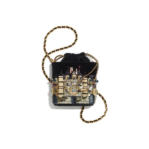 CHANEL Вышивка Велюр Металл Цепочка Сумка-ведро Сумка через плечо Обычный Женский Черный
