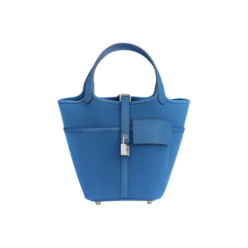 HERMES Picotin Lock Goeland Холст Swift Телячья кожа Корзина Сумка Сумка-ведро Сумка Женская Французский синий