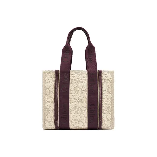 Chloe Woody Cotton Canvas Bag Medium Women's Beige Burgundy Члои Woody Хлопок Холст Сумка Средний Женский Бежевый Бордовый