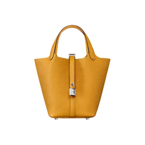 HERMES Picotin Lock Clemence Bullock Кожа Ведрообразная Сумка Женская 9D Ambre Янтарно-Желтый